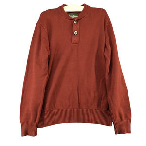Eddie Bauer Men's Henley Knit Sweater Brown Large Ribbed Trim Combed Cotton